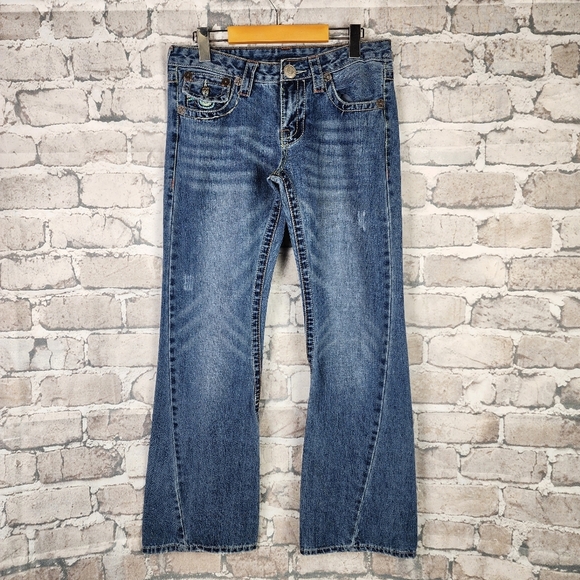 True Religion Denim - True Religion Joey Rainbow Stitch Low Rise Distressed Bootcut Jeans Blue Size 29